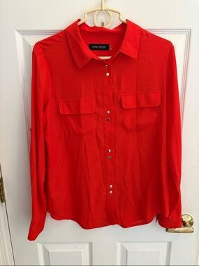 Ivanka Trump  Bright Red Long-Sleeve Button Shirt size large roll tab sleeves